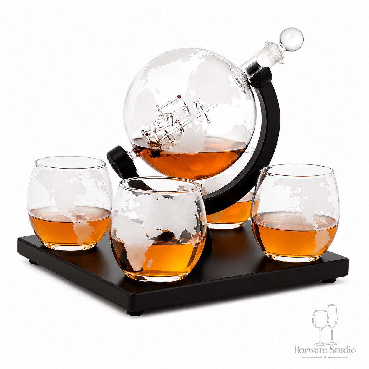 Luxury Globe Whiskey &amp; Wine Decanter Set – 850ml Globe Decanter with 4 × 300ml Glasses