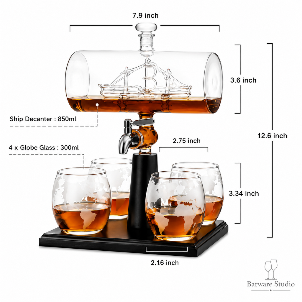 Luxury Ship-in-Bottle Whiskey & Wine Dispenser Set – 850ml Decanter with 4 × 300ml Globe Glasses