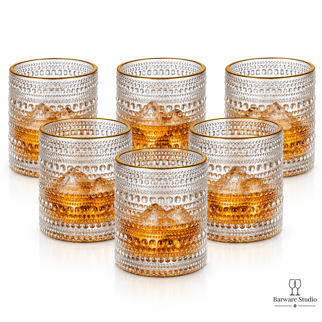 Gold Rim Textured Whiskey Glasses – 270 ML | Set of 6