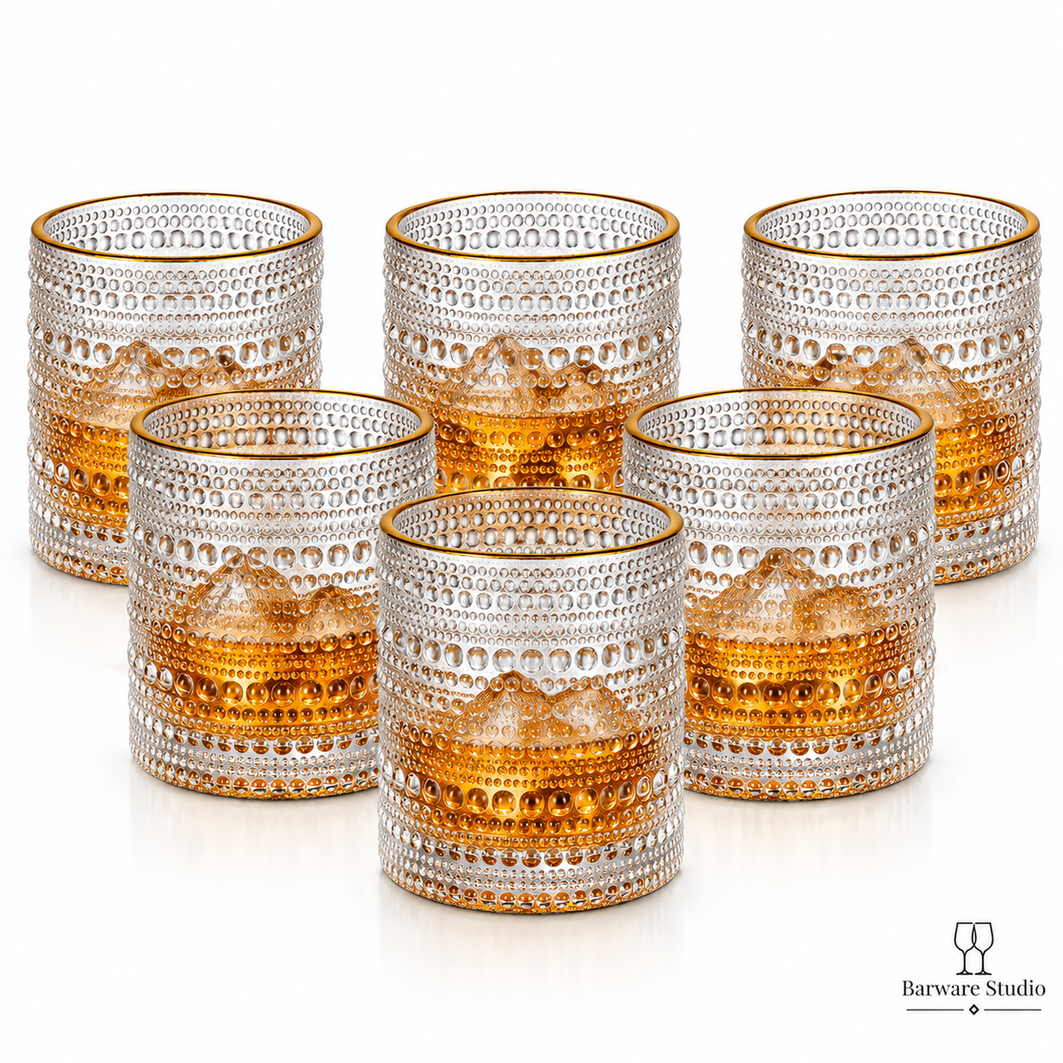 Gold Rim Textured Whiskey Glasses – 270 ML | Set of 6