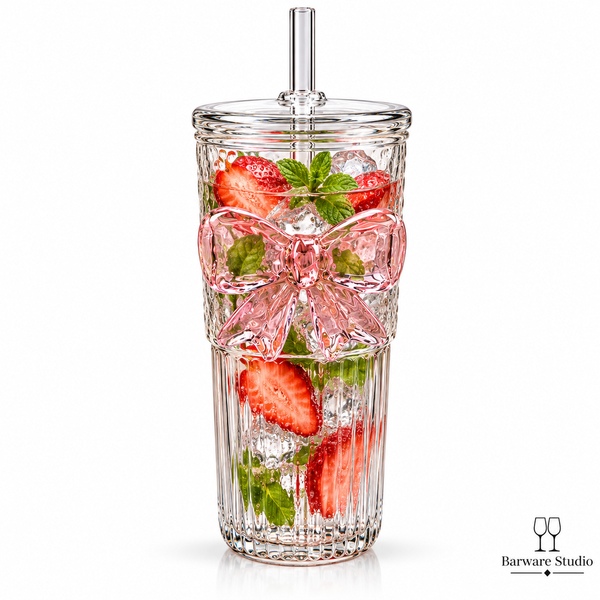 Pink Bow Glass Tumbler with Lid &amp; Straw – 750 ML | Single Piece
