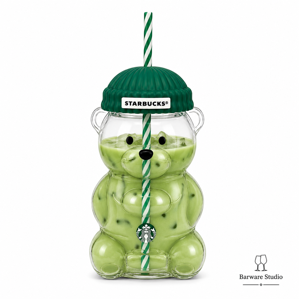 Starbucks Bear Glass Tumbler with Green Beanie Lid &amp; Straw | Cute Iced Drink Cup