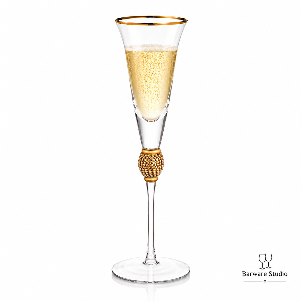 Luxury Gold Rim Champagne Flute Glass Set of 6 – 280ml | Jeweled Stem Premium Glassware