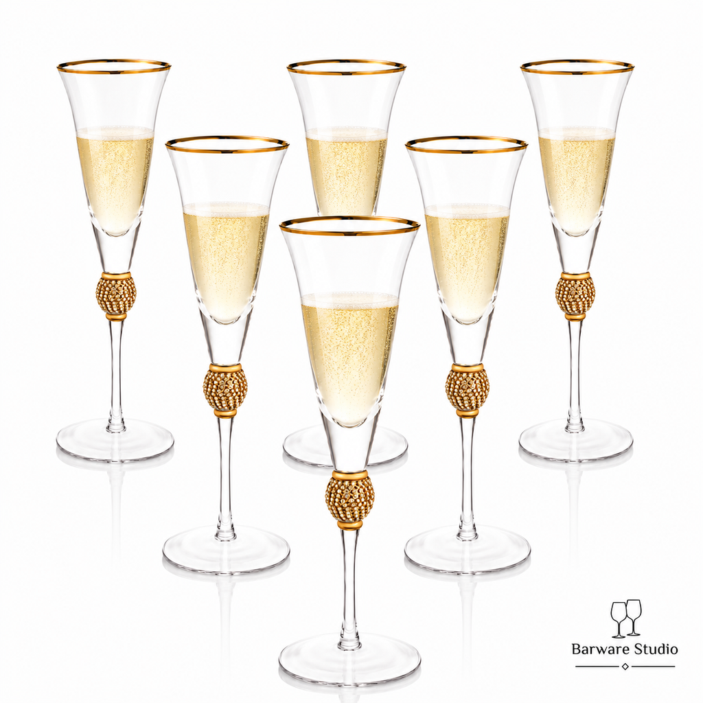 Luxury Gold Rim Champagne Flute Glass Set of 6 – 280ml | Jeweled Stem Premium Glassware