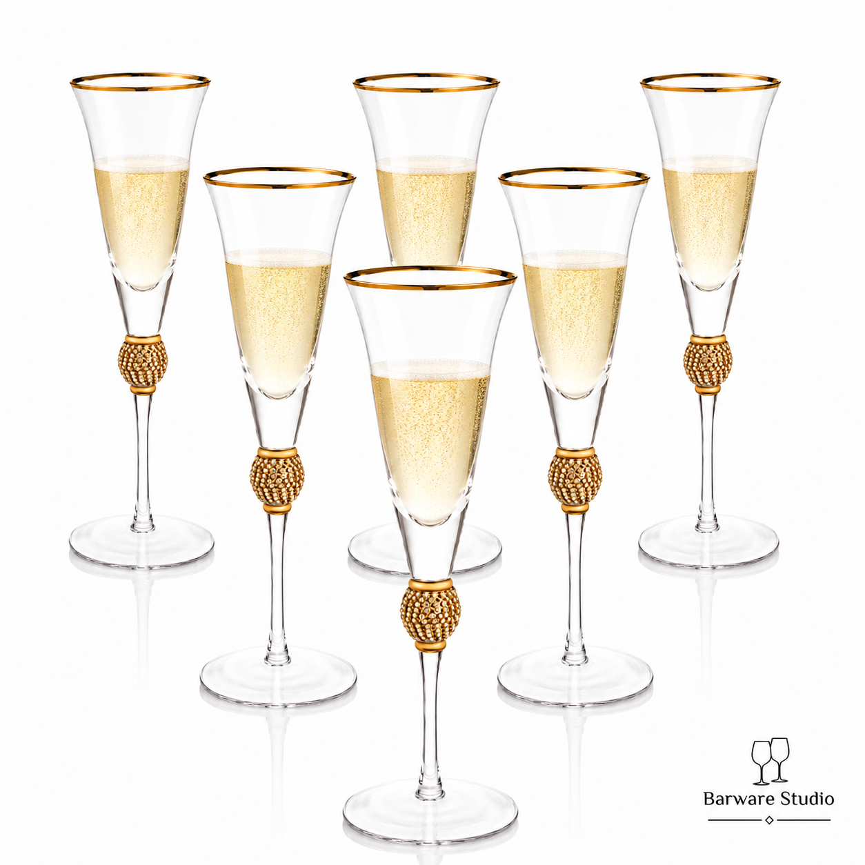 Luxury Gold Rim Champagne Flute Glass Set of 6 – 280ml | Jeweled Stem Premium Glassware