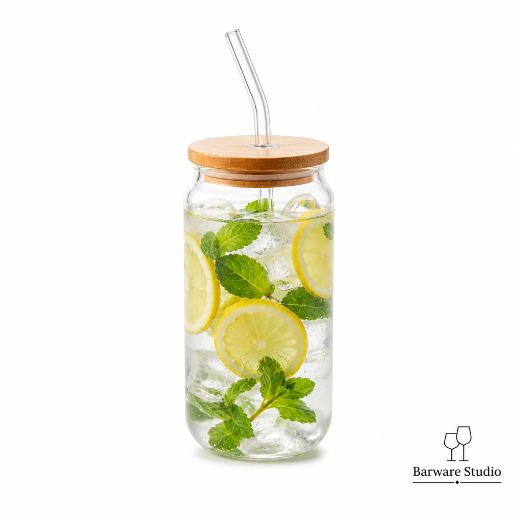 Bamboo Lid Glass Sipper with Straw – 550ml | Single Piece