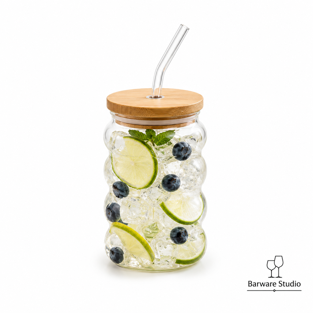 Bubble Glass Sipper with Bamboo Lid &amp; Straw – 500ml | Single Piece