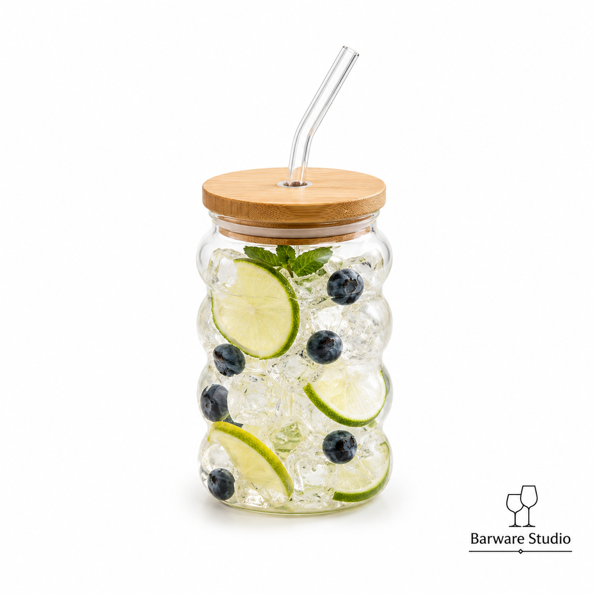 Bubble Glass Sipper with Bamboo Lid &amp; Straw – 500ml | Single Piece