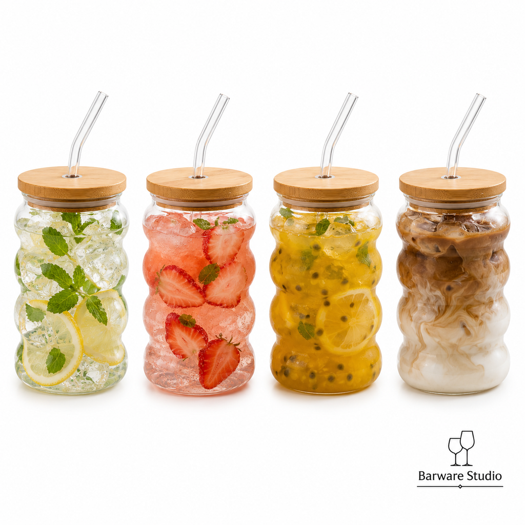 Bubble Glass Sipper with Bamboo Lid &amp; Straw – 500ml | Single Piece