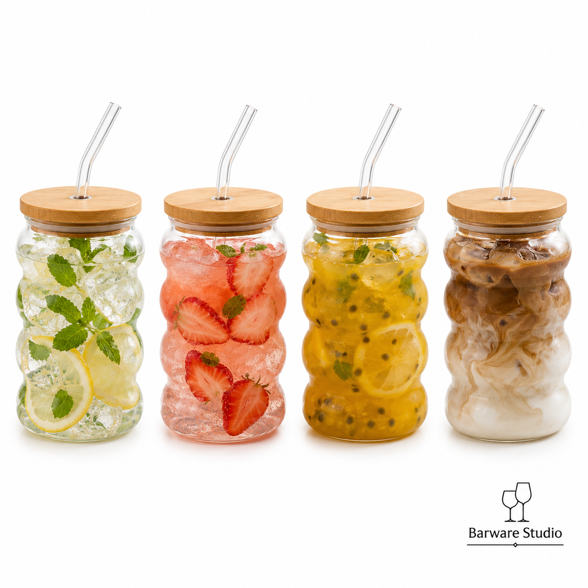 Bubble Glass Sipper with Bamboo Lid &amp; Straw – 500ml | Single Piece