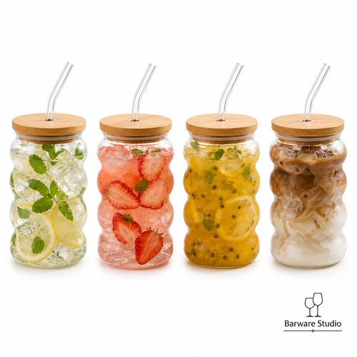 Bubble Glass Sipper with Bamboo Lid &amp; Straw – 500ml | Single Piece
