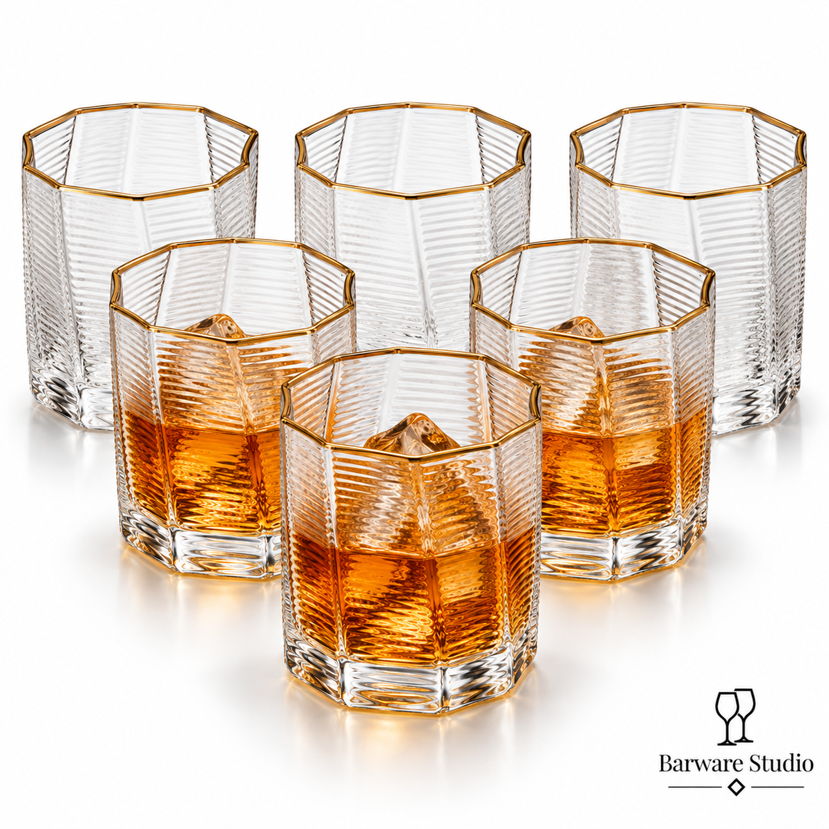 Gold Rim Faceted Whiskey Glasses – 280 ml | Set of 6