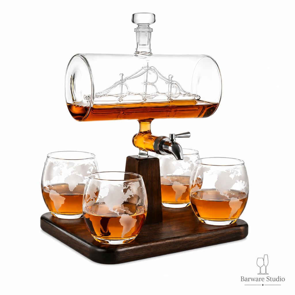 Luxury Ship-in-Bottle Whiskey & Wine Dispenser Set – 850ml Decanter with 4 × 300ml Globe Glasses