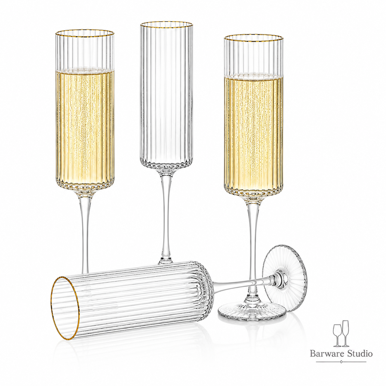 Gold Rim Textured Champagne Flute Glasses – Set of 6 | 150ml &amp; 190ml